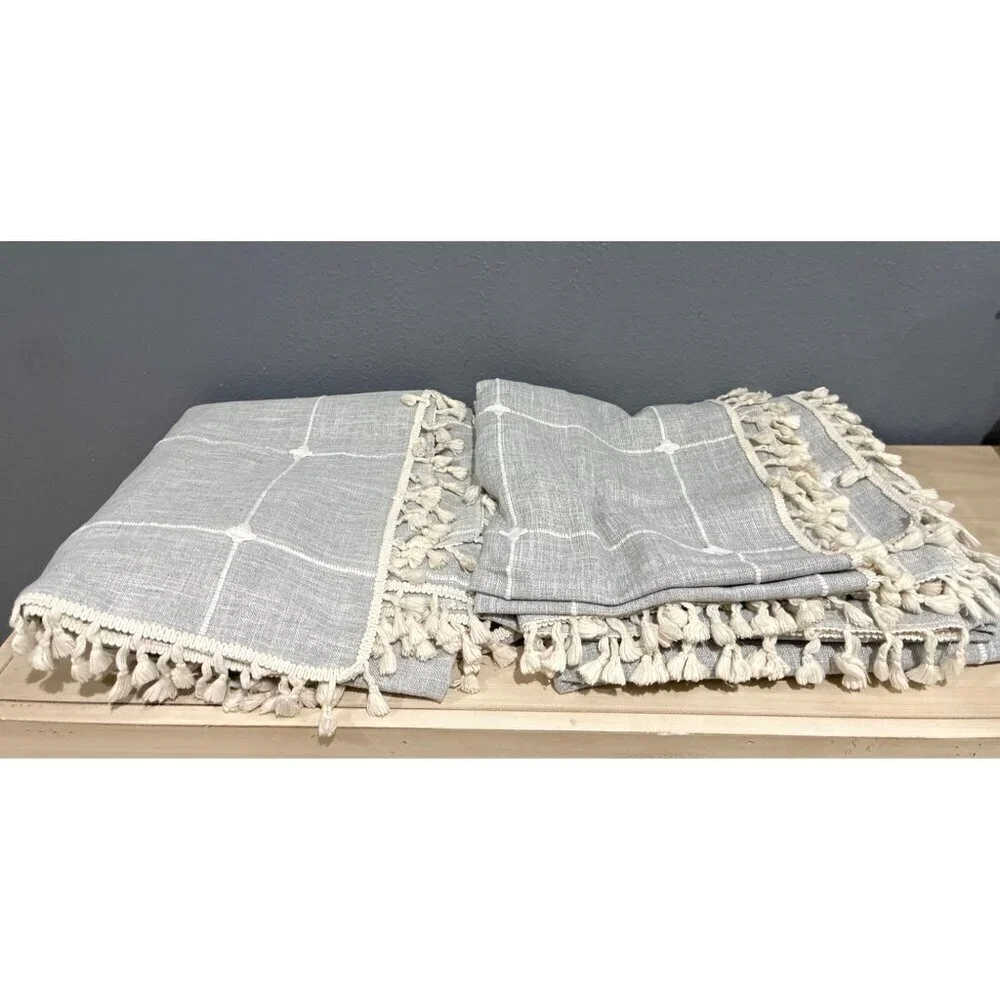 Tablecloth set grey and white patterned or throw blanket rectangular tassels